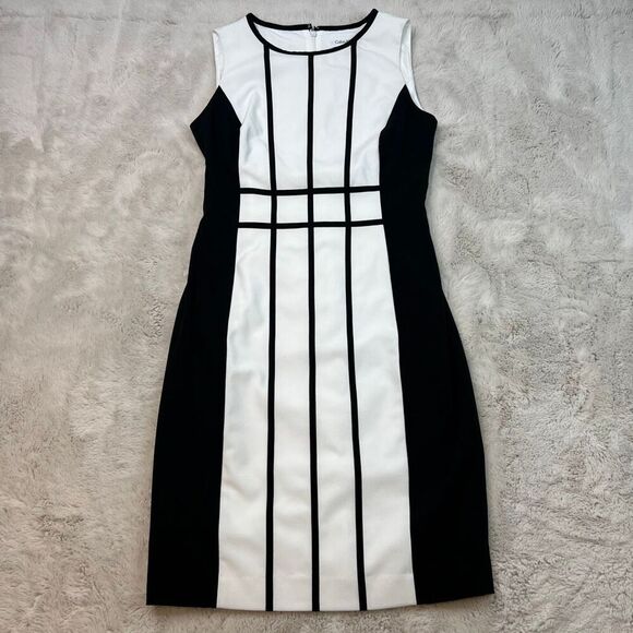 Calvin Klein Womans Black White Sleeveless Sheath Dress Size 4 Slimming Office - Picture 1 of 9